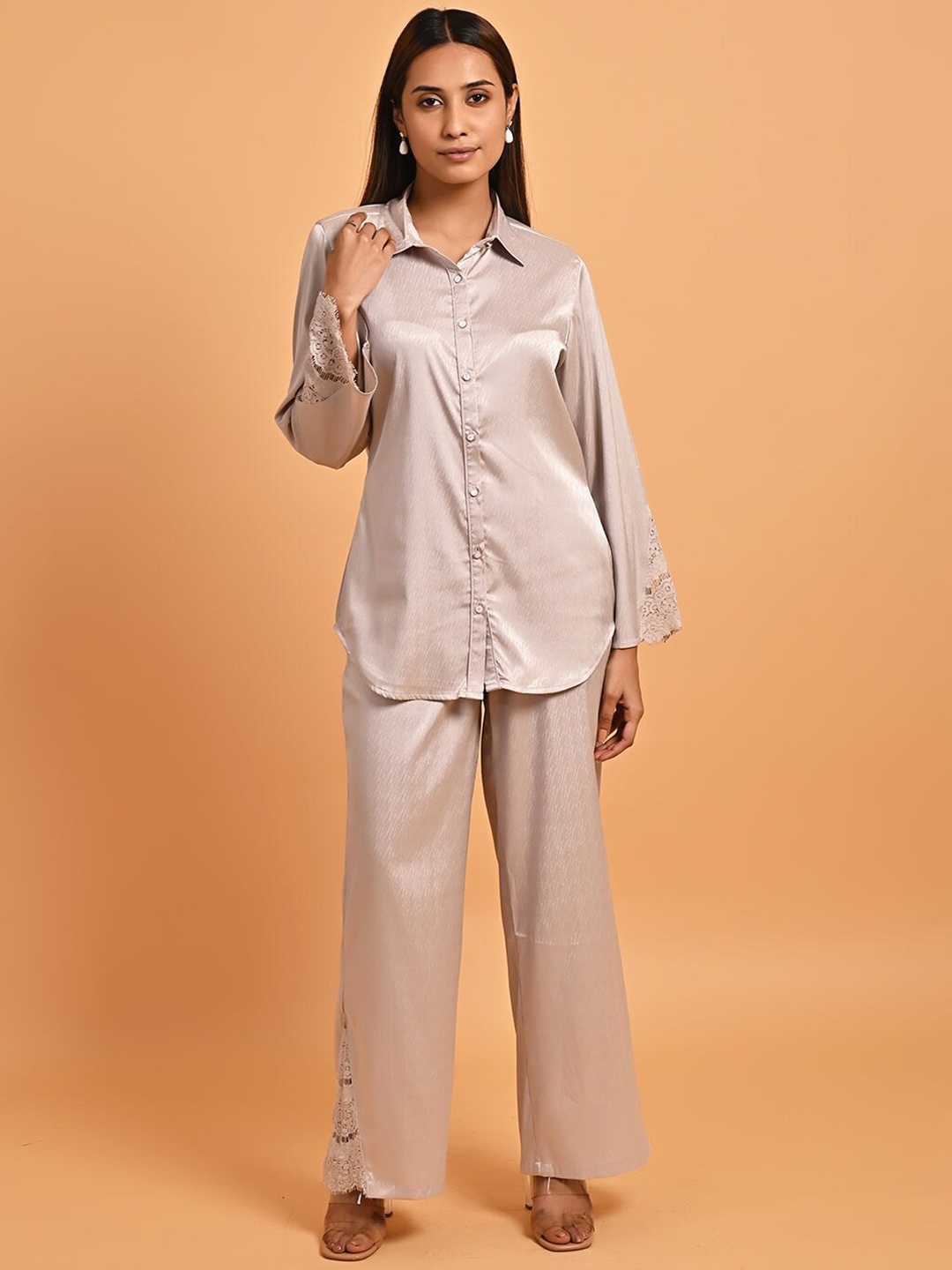 Lakshita Lace Detailed Shirt With Palazzo Co-Ord Set, Pink