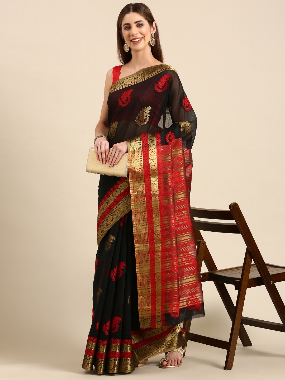 SHANVIKA Ethnic Motifs Zari Chanderi Saree, Black