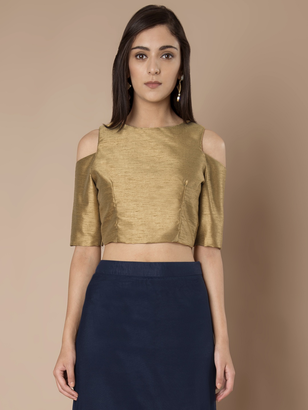 INDYA Women Gold-Toned Solid Crop Top