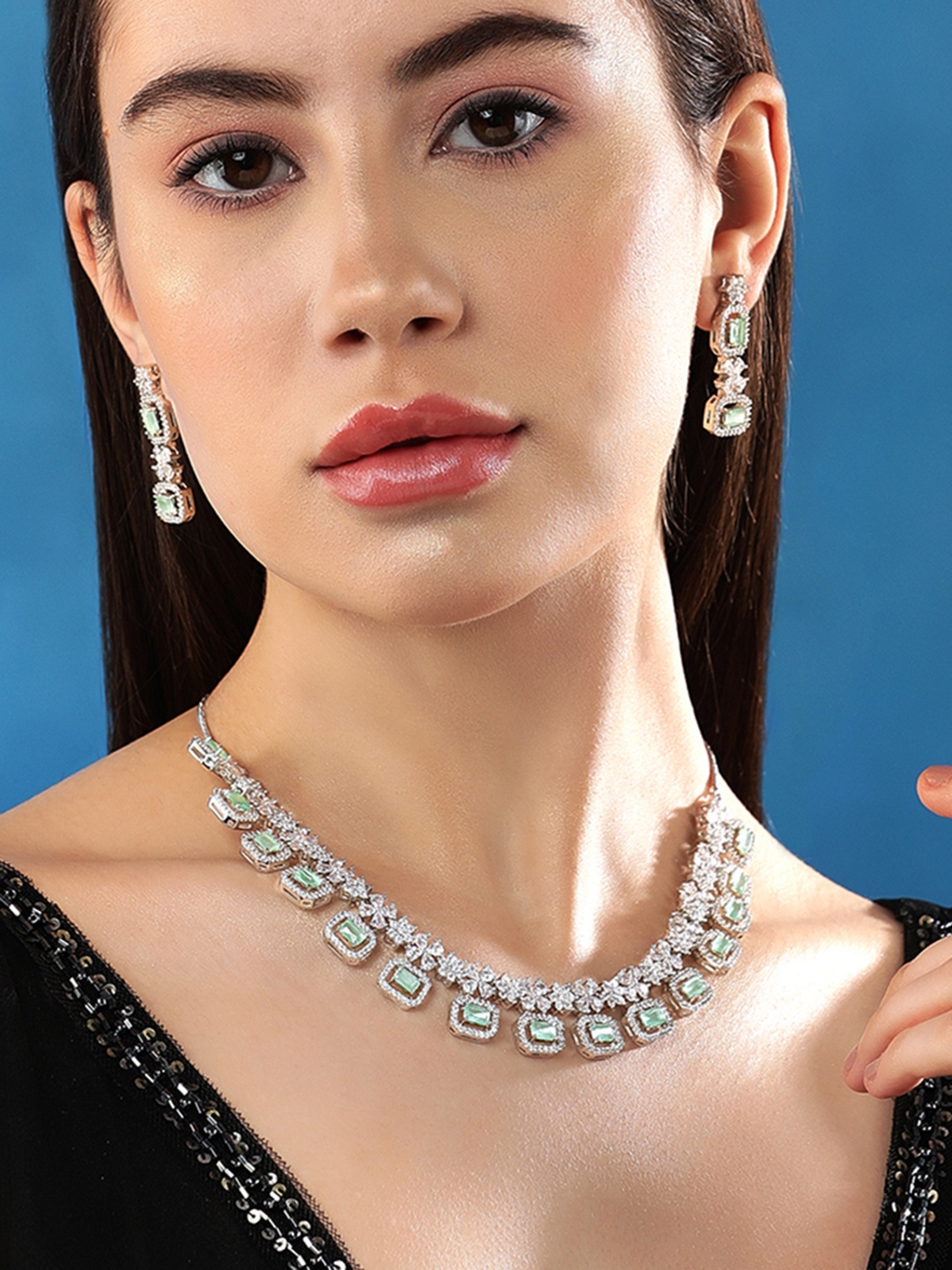 Rubans Rhodium-Plated Premium White & Mint Green Zircons Studded Statement Jewellery Set, Silver
Rubans Rhodium-Plated Premium White & Mint Green Zircons Studded Statement Jewellery Set, Silver