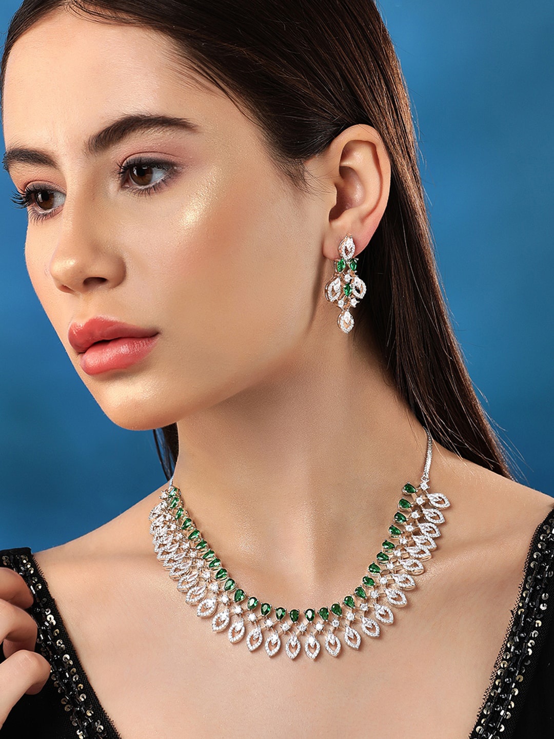 Rubans Rhodium-plated Premium white & Green Zircons studded Statement Jewellery set, Silver
Rubans Rhodium-plated Premium white & Green Zircons studded Statement Jewellery set, Silver