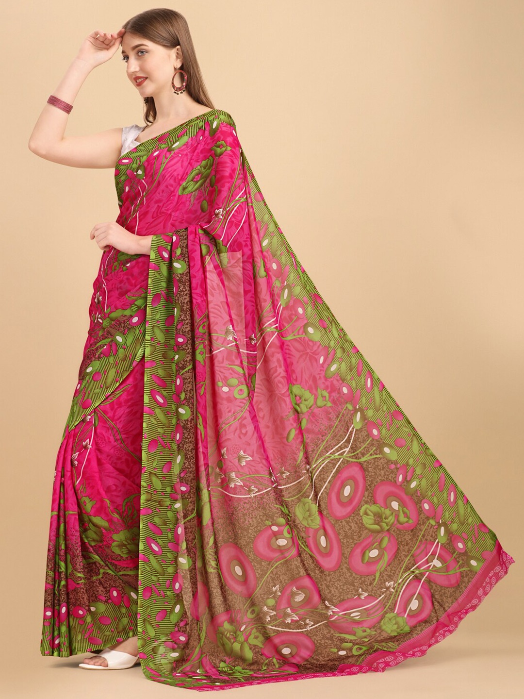 Sangria Floral Printed Pure Georgette Saree With Blouse Piece, Pink