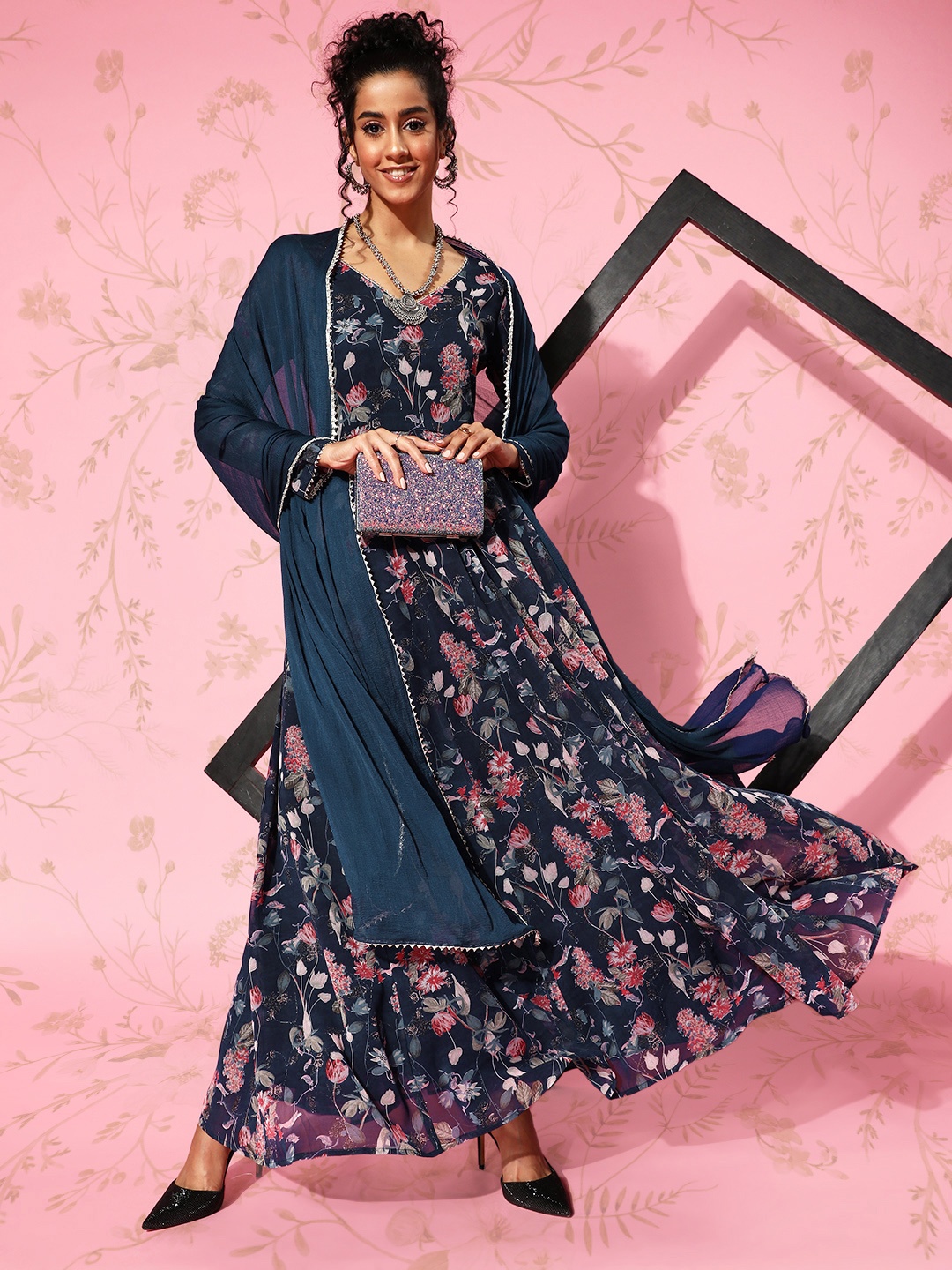 Varanga Women Floral Printed Gotta Patti Floral Georgette Anarkali Kurta With Dupatta, Navy blue
Varanga Women Floral Printed Gotta Patti Floral Georgette Anarkali Kurta With Dupatta, Navy blue