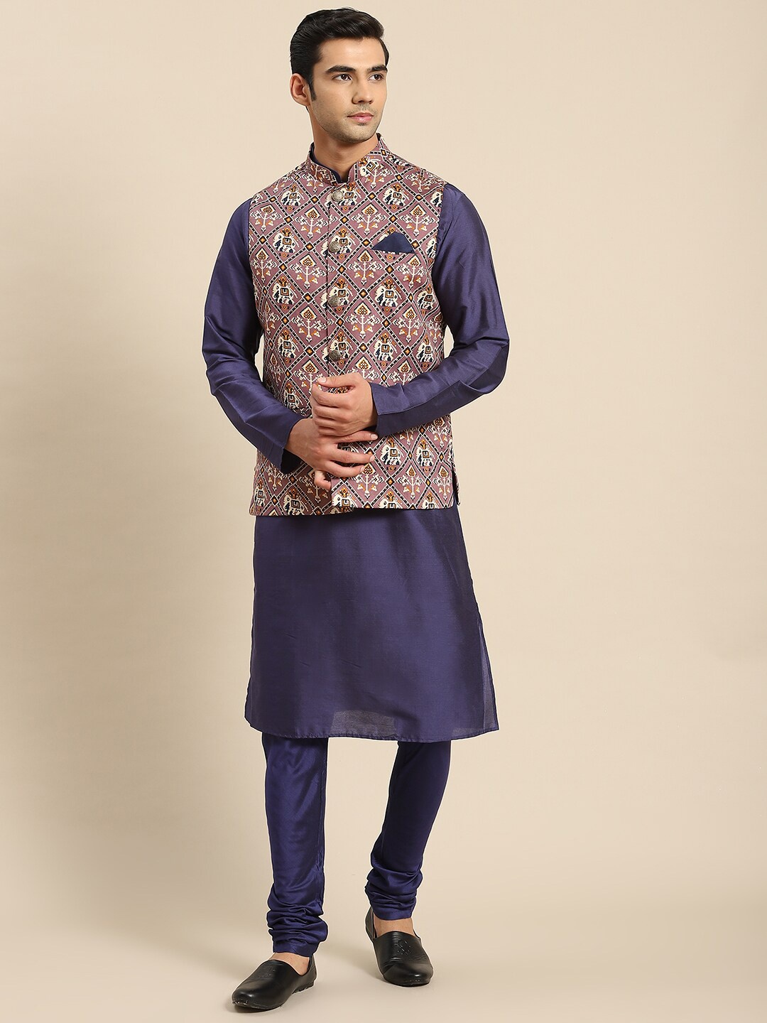 KISAH Mandarin Collar Long Sleeves Kurta & Churidar With Printed Nehru Jacket, Violet
KISAH Mandarin Collar Long Sleeves Kurta & Churidar With Printed Nehru Jacket, Violet