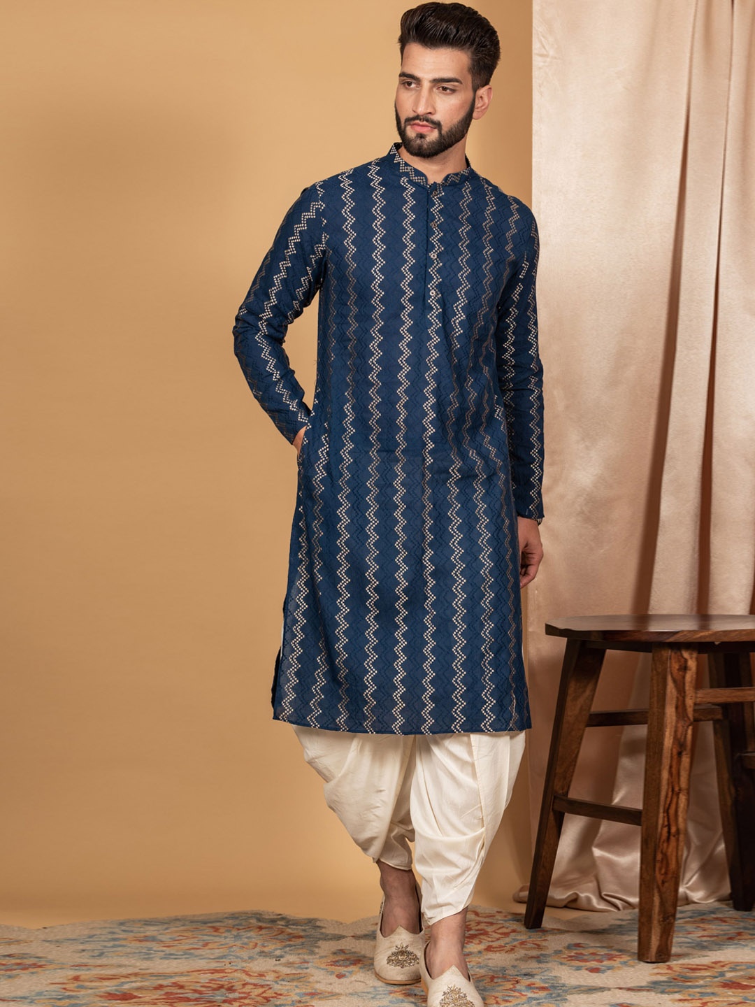 KISAH Men Textured Regular Fit Thread Work Kurta Dhoti Set, Navy blue
KISAH Men Textured Regular Fit Thread Work Kurta Dhoti Set, Navy blue