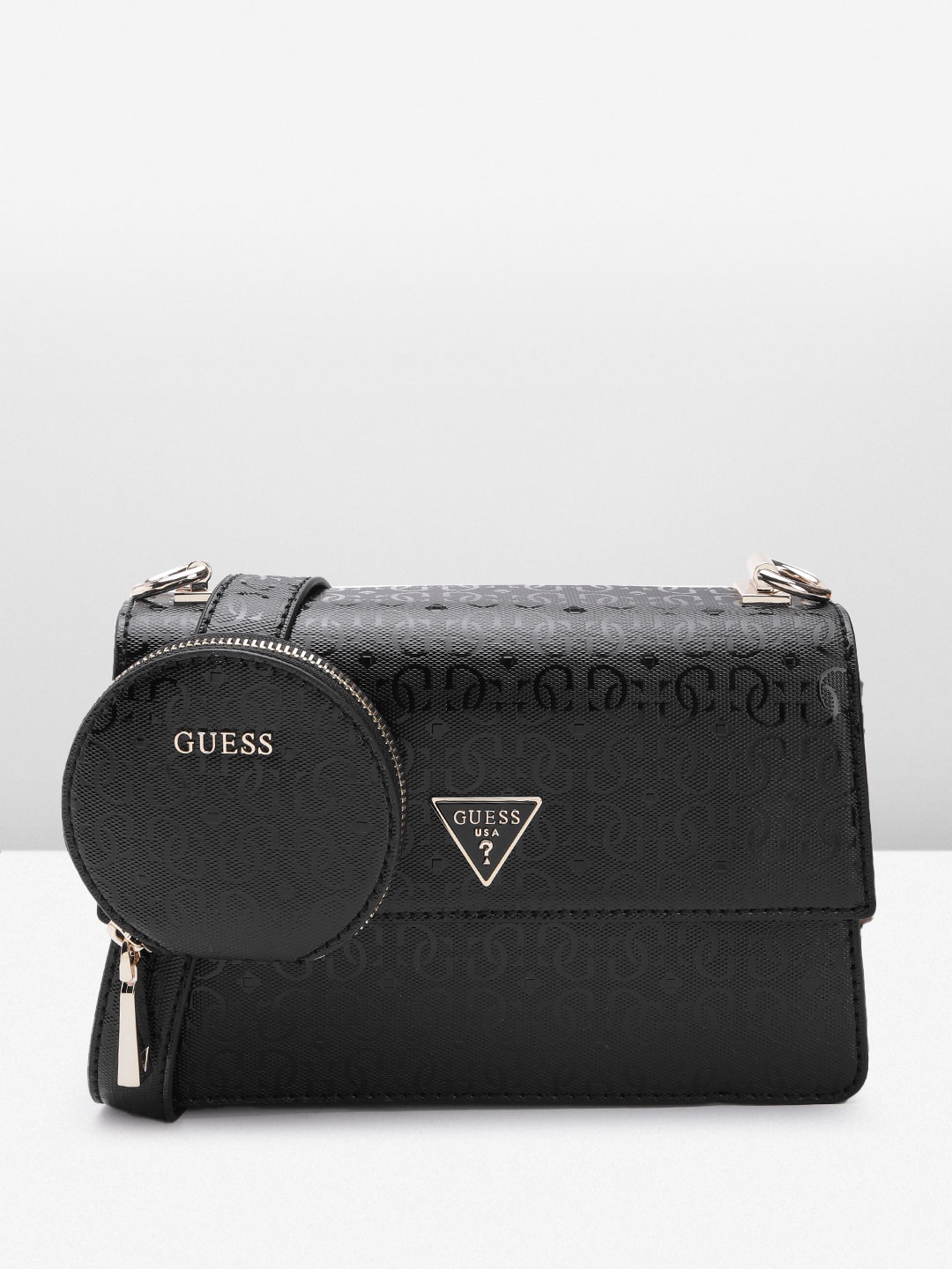 GUESS Women Brand Logo Textured Structured Foldover Sling Bag, Black