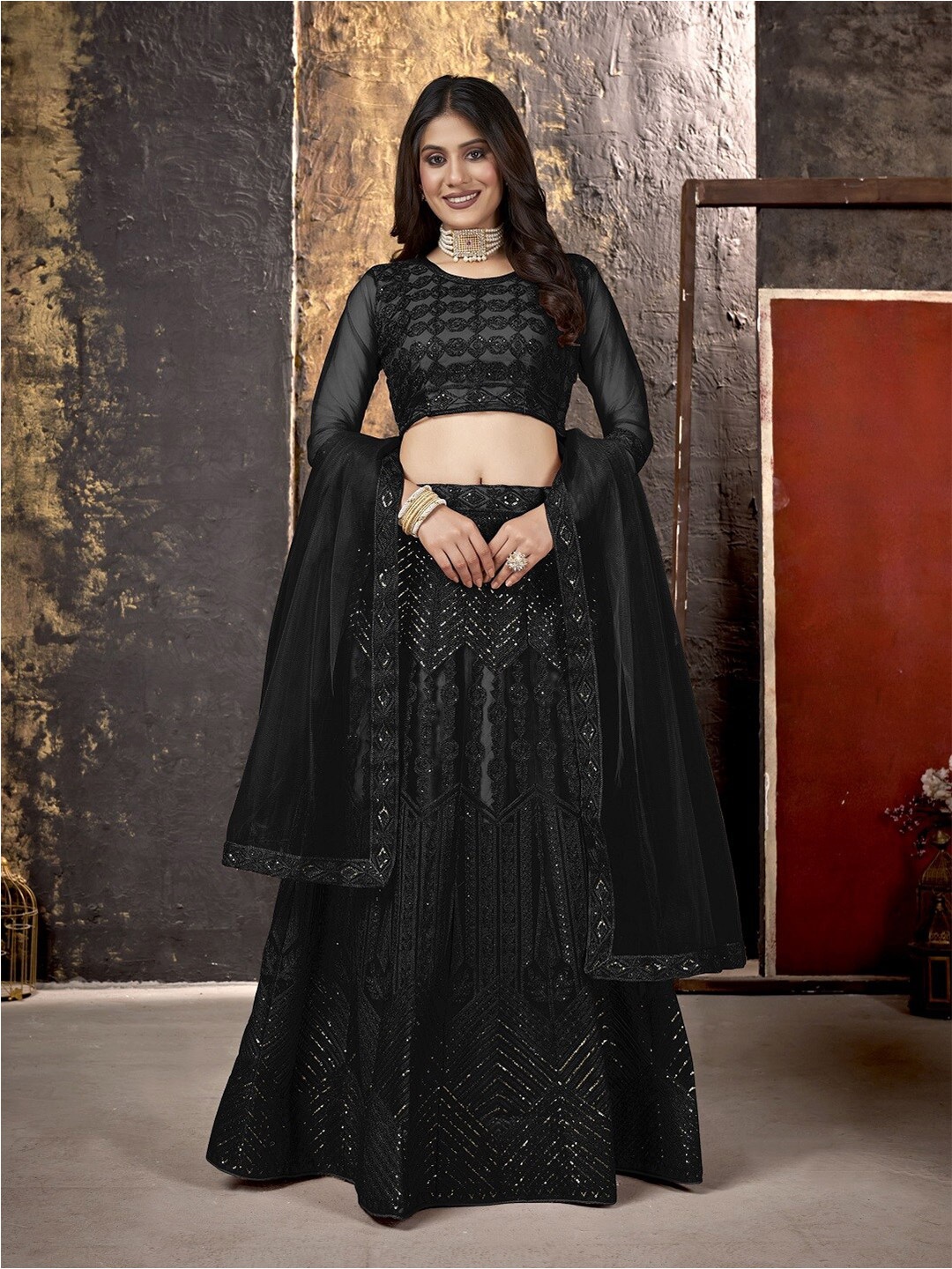 Pandadi Saree Embellished Sequinned Semi-Stitched Lehenga & Blouse With Dupatta, Black
Pandadi Saree Embellished Sequinned Semi-Stitched Lehenga & Blouse With Dupatta, Black