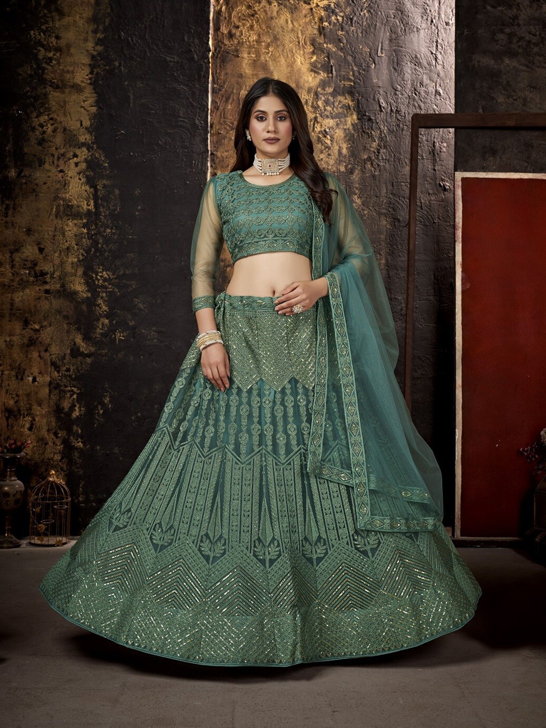 Pandadi Saree Embroidered Sequinned Semi-Stitched Lehenga & Blouse With Dupatta, Green
Pandadi Saree Embroidered Sequinned Semi-Stitched Lehenga & Blouse With Dupatta, Green