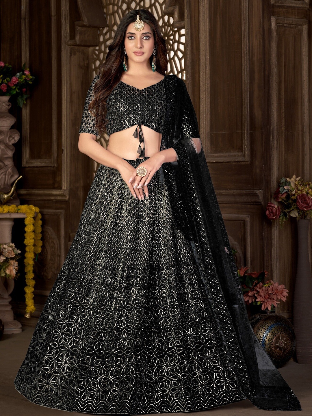 Pandadi Saree Embroidered Sequinned Semi-Stitched Lehenga & Blouse With Dupatta, Black
Pandadi Saree Embroidered Sequinned Semi-Stitched Lehenga & Blouse With Dupatta, Black