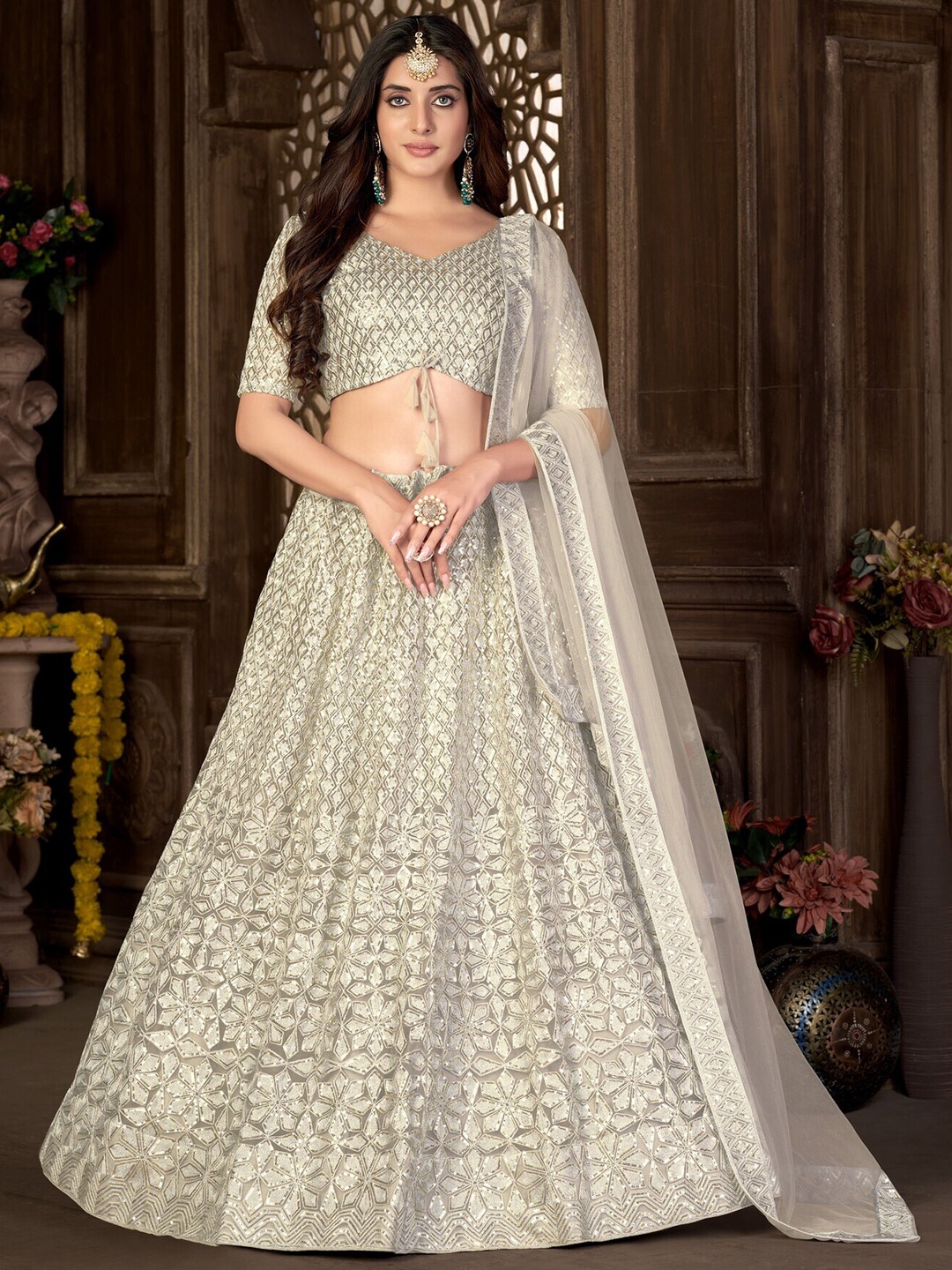 Pandadi Saree Embroidered Sequinned Semi-Stitched Lehenga & Blouse With Dupatta, Beige
Pandadi Saree Embroidered Sequinned Semi-Stitched Lehenga & Blouse With Dupatta, Beige
