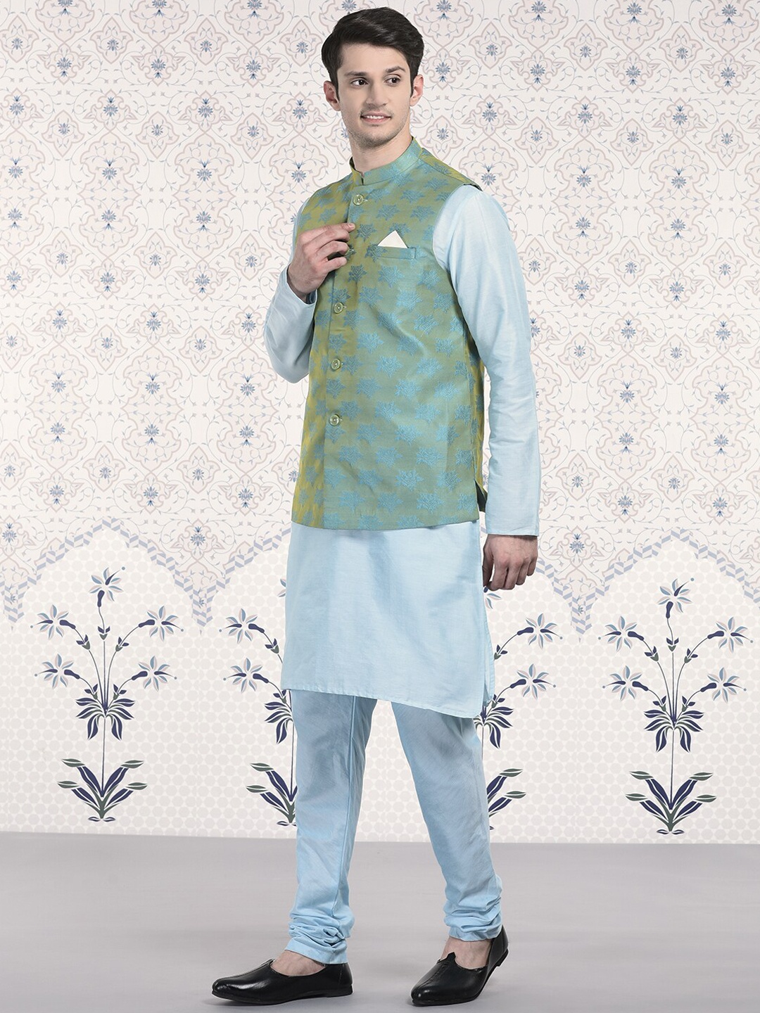 Ode by House of Pataudi Men Mandarin Collar Regular Kurta With Churidar & Nehru Jacket, Blue
Ode by House of Pataudi Men Mandarin Collar Regular Kurta With Churidar & Nehru Jacket, Blue