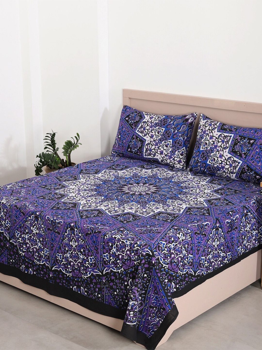 HANDICRAFT PALACE Black & Purple Printed Cotton 144 TC Queen Bedsheet With 2 Pillow Covers
HANDICRAFT PALACE Black & Purple Printed Cotton 144 TC Queen Bedsheet With 2 Pillow Covers