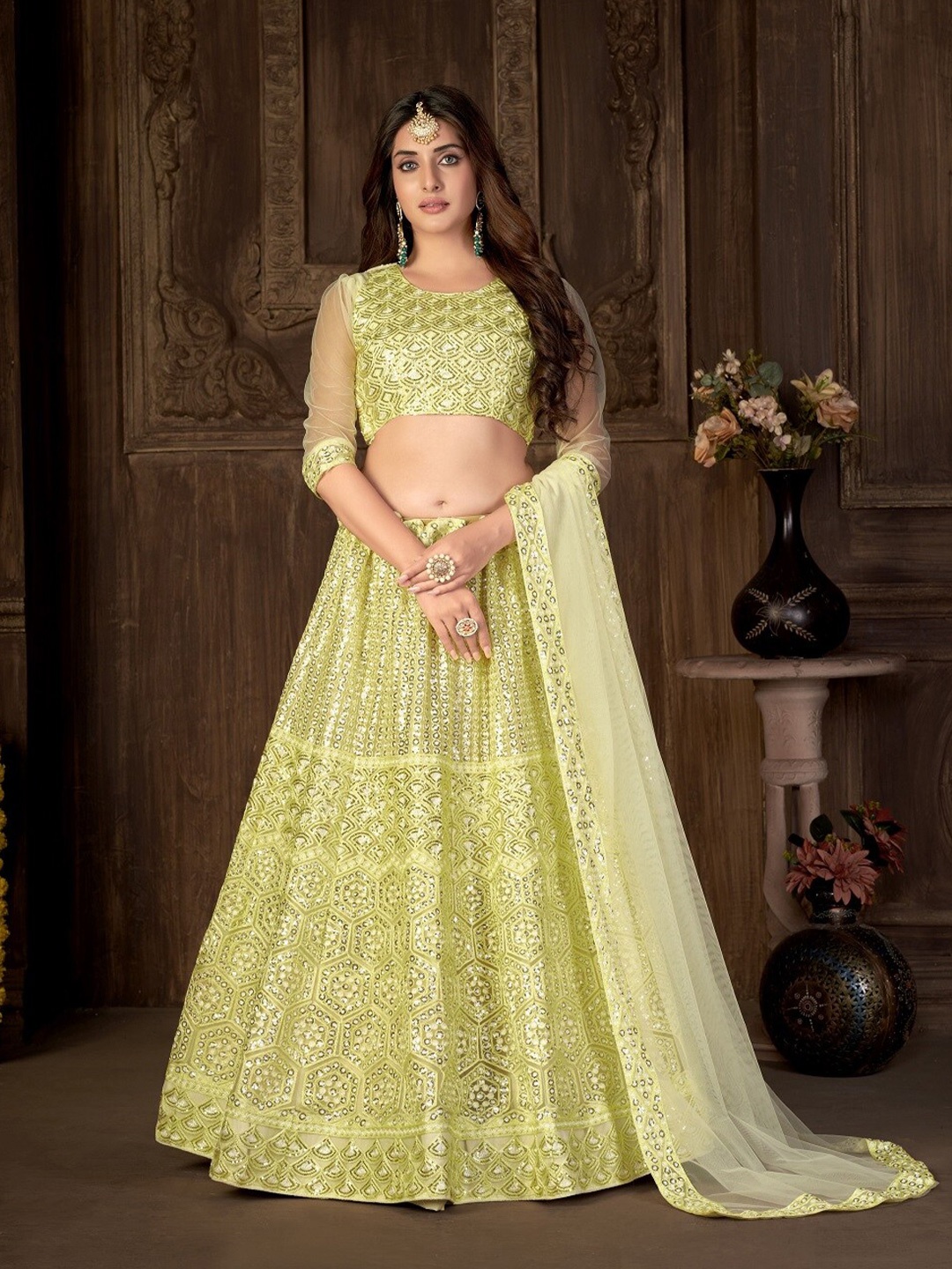 Pandadi Saree Embroidered Sequinned Semi-Stitched Lehenga & Blouse With Dupatta, Yellow
Pandadi Saree Embroidered Sequinned Semi-Stitched Lehenga & Blouse With Dupatta, Yellow