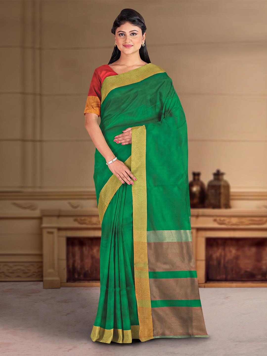 Kalamandir Zari Silk Blend Saree, Green