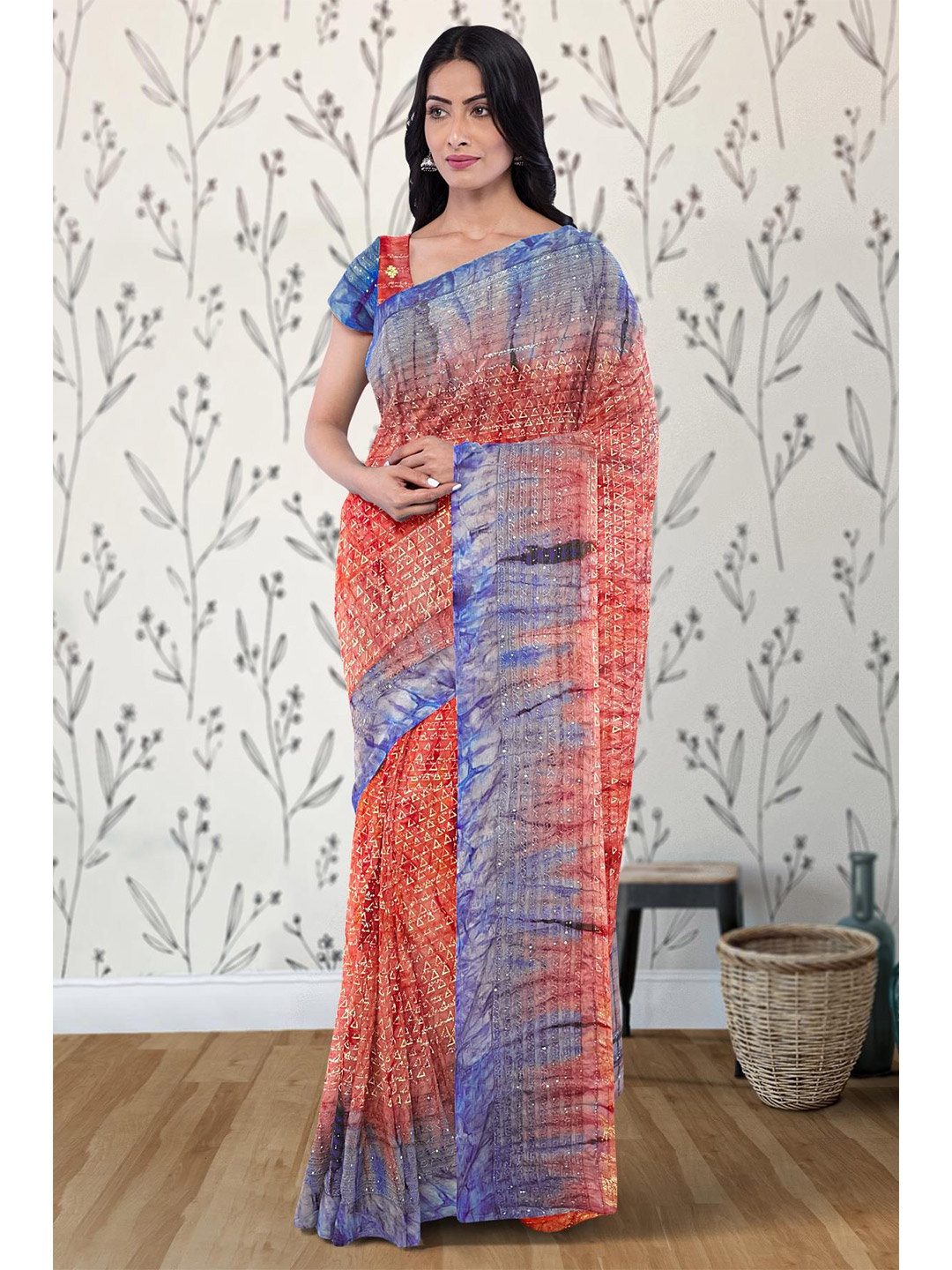Kalamandir Red & Blue Silk Blend Saree