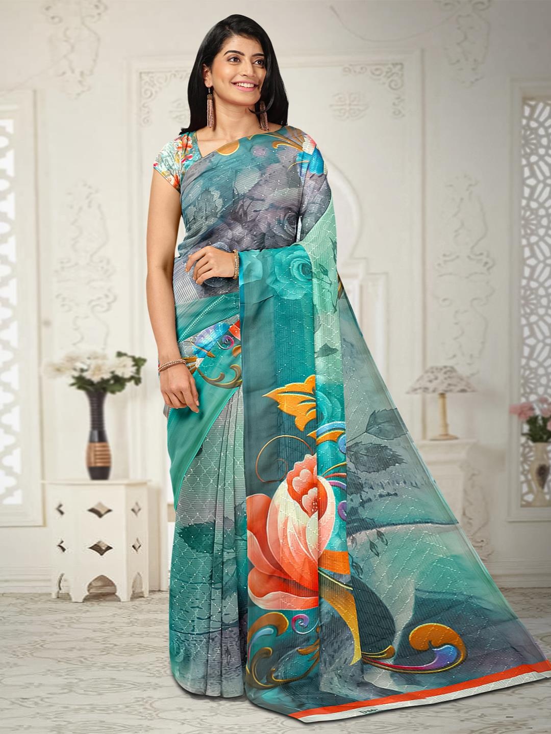 Kalamandir Floral Printed Saree, Sea green