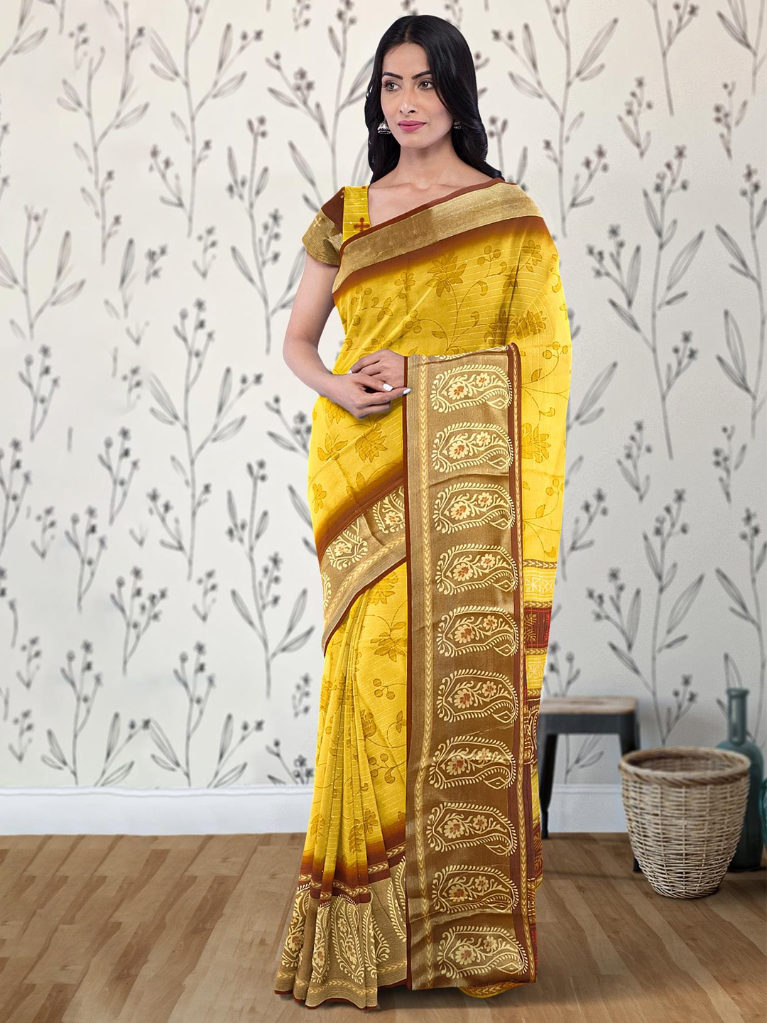 Kalamandir Floral Printed Saree, Mustard