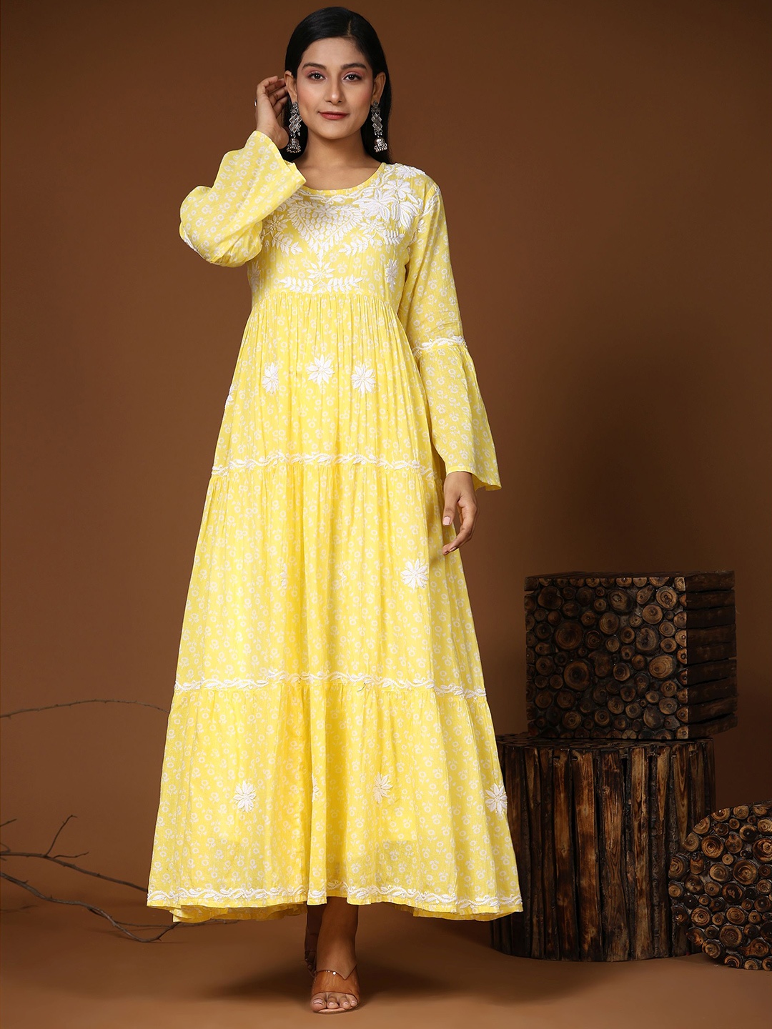 HOUSE OF KARI Ethnic Motifs Embroidered Chikankari Tiered Bell Sleeves Cotton Maxi Dress, Yellow
HOUSE OF KARI Ethnic Motifs Embroidered Chikankari Tiered Bell Sleeves Cotton Maxi Dress, Yellow