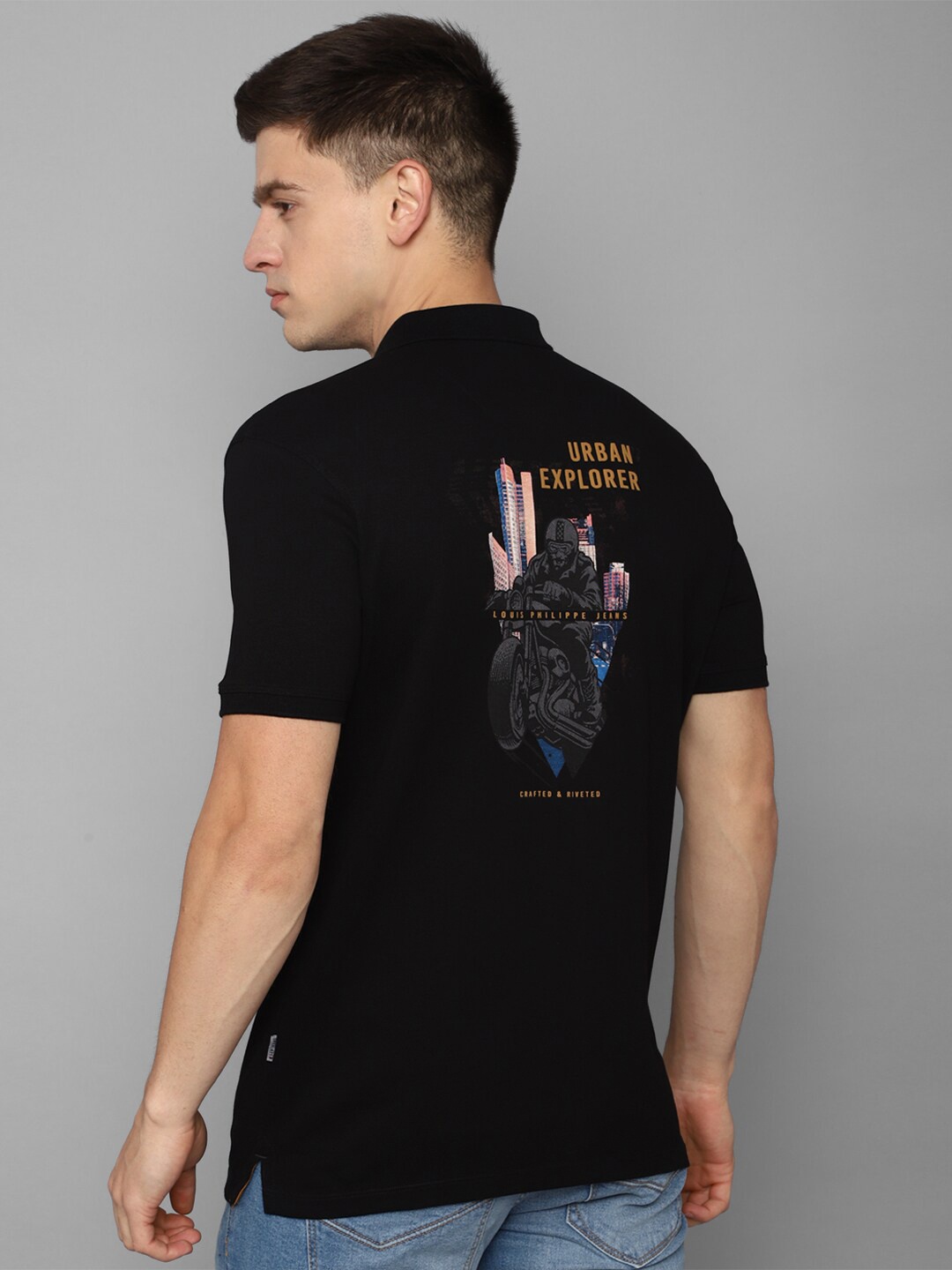 Louis Philippe Jeans Graphic Printed Polo Collar Slim Fit Pure Cotton T-shirt, Black
Louis Philippe Jeans Graphic Printed Polo Collar Slim Fit Pure Cotton T-shirt, Black