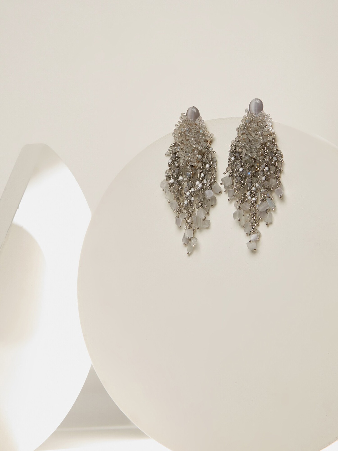 D'oro Gold-Plated Beaded Contemporary Drop Earrings, Grey