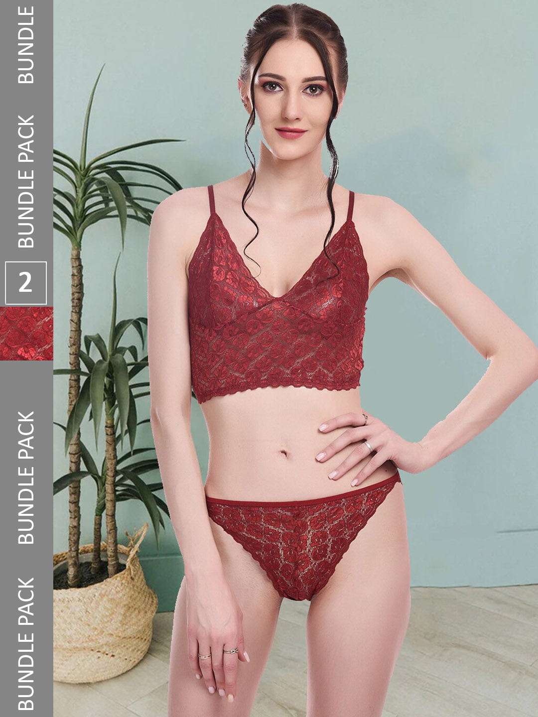 Fleurt Pack Of 2 Self Design Laced Lingerie Set Fleurt-Set-170-NEW-MR-206-BK-M, Maroon
Fleurt Pack Of 2 Self Design Laced Lingerie Set Fleurt-Set-170-NEW-MR-206-BK-M, Maroon