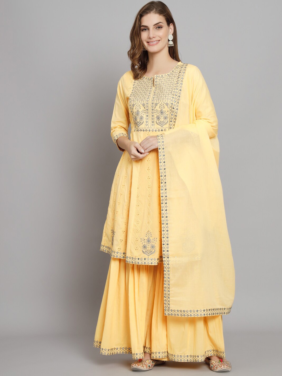PREKSHA Floral Embroidered Mirror Work Pure Cotton Kurta With Sharara & Dupatta, Mustard
PREKSHA Floral Embroidered Mirror Work Pure Cotton Kurta With Sharara & Dupatta, Mustard