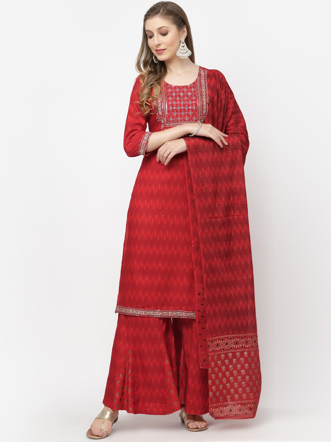 YELLOW CLOUD Ethnic Motifs Embroidered Regular Kurta With Sharara & Dupatta, Red
YELLOW CLOUD Ethnic Motifs Embroidered Regular Kurta With Sharara & Dupatta, Red