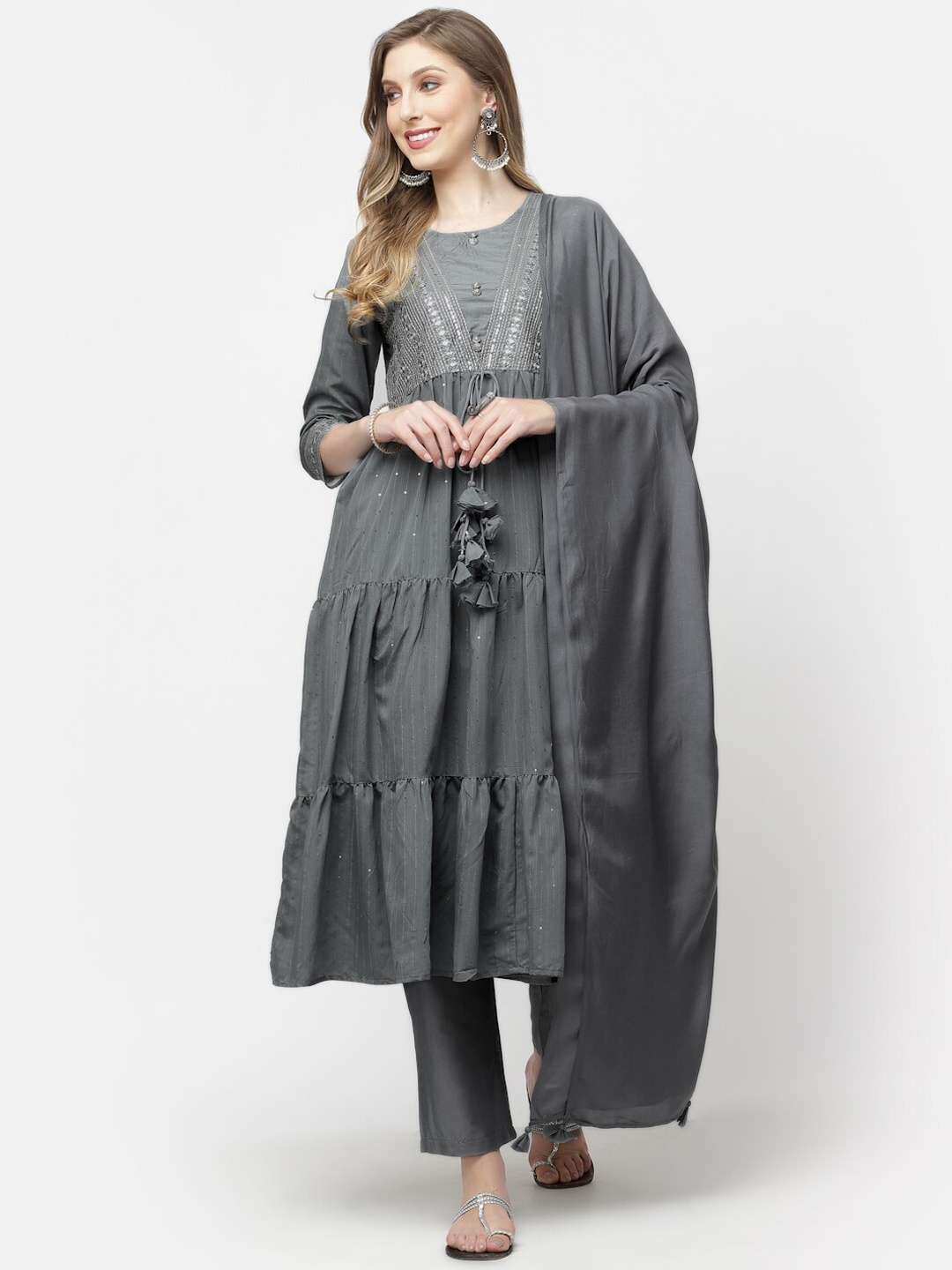 YELLOW CLOUD Ethnic Motifs Embroidered Tiered Pure Cotton Kurta with Trousers & Dupatta, Grey
YELLOW CLOUD Ethnic Motifs Embroidered Tiered Pure Cotton Kurta with Trousers & Dupatta, Grey