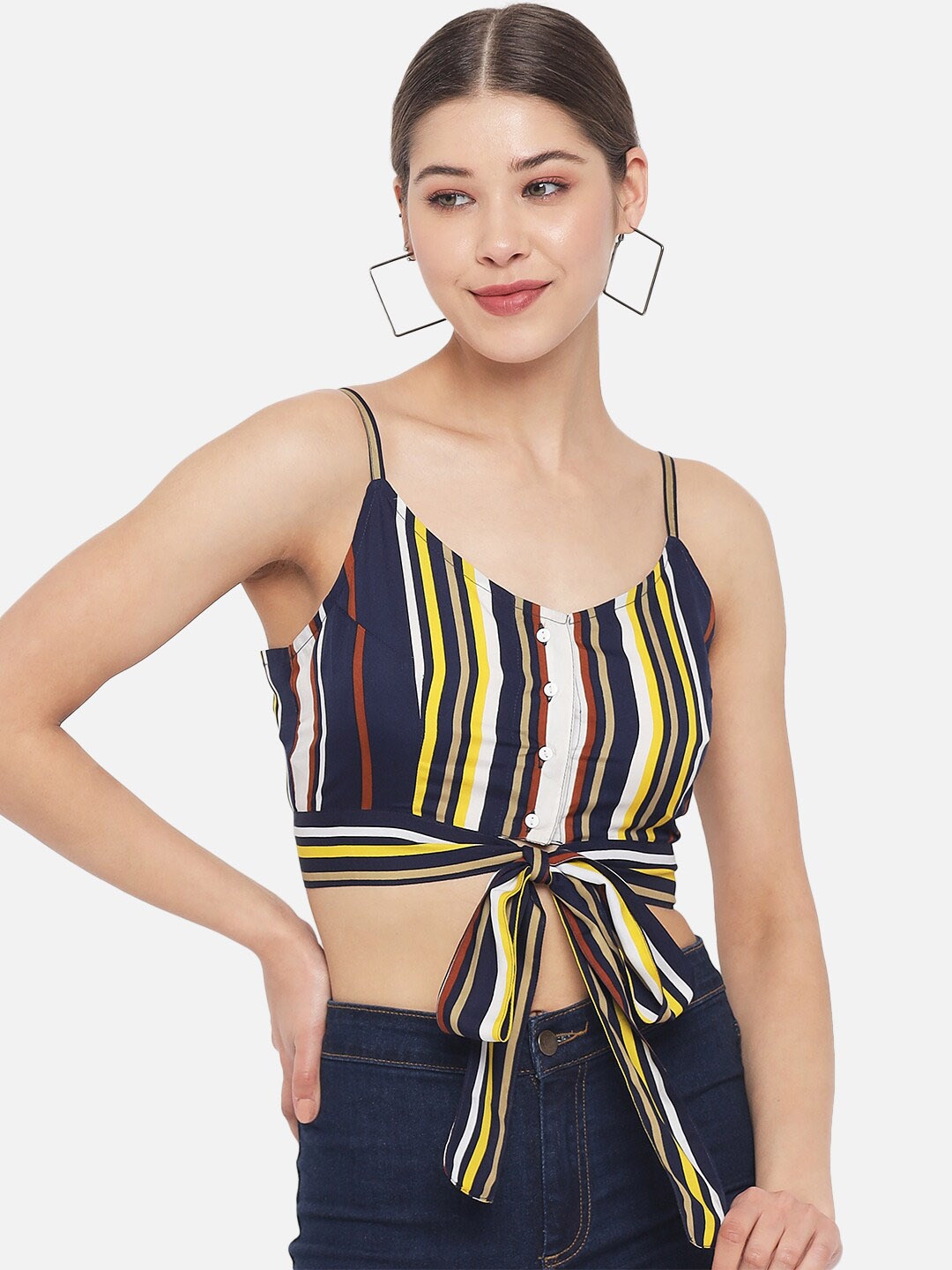 ALL WAYS YOU Vertical Striped Shoulder Straps Crop Top, Navy blue