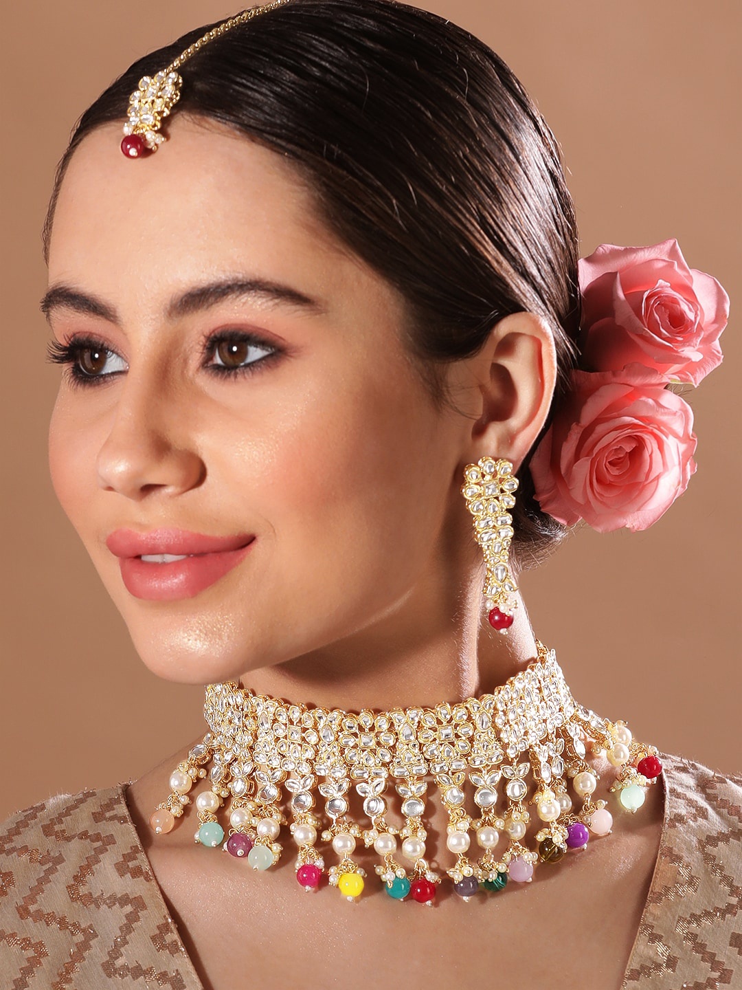 Rubans 24K Gold Plated Kundan Stone Studded Multicolor Pearl & Beaded Choker Jewellery Set
Rubans 24K Gold Plated Kundan Stone Studded Multicolor Pearl & Beaded Choker Jewellery Set