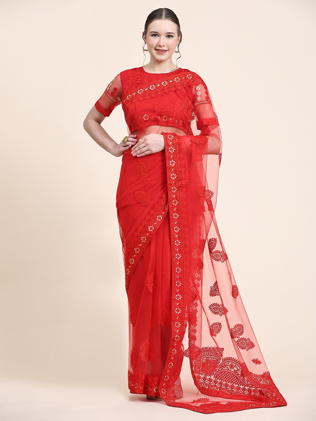 ORUS Ethnic Motif Embroidered Net Saree, Red