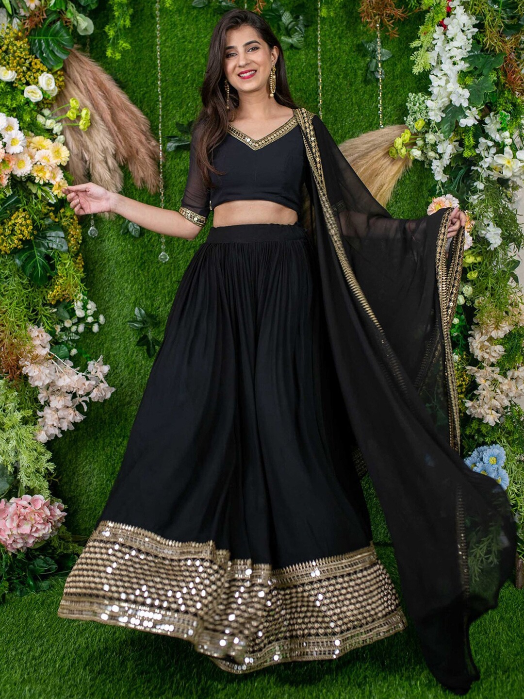 FABPIXEL Embroidered Sequinned Semi-Stitched Lehenga & Unstitched Blouse With Dupatta, Black
FABPIXEL Embroidered Sequinned Semi-Stitched Lehenga & Unstitched Blouse With Dupatta, Black