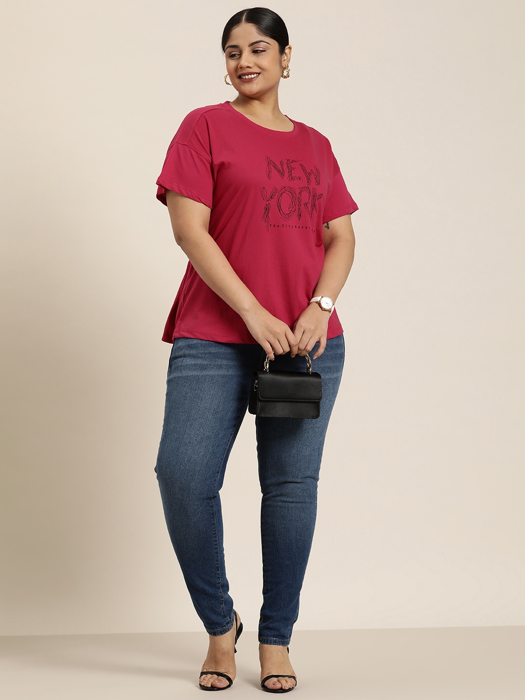 Sztori Plus Size Typography Printed T-shirt, Pink