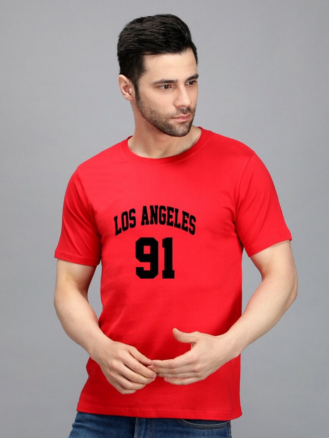 TRENDY RABBIT Varsity Printed Round Neck Cotton T-shirt, Red