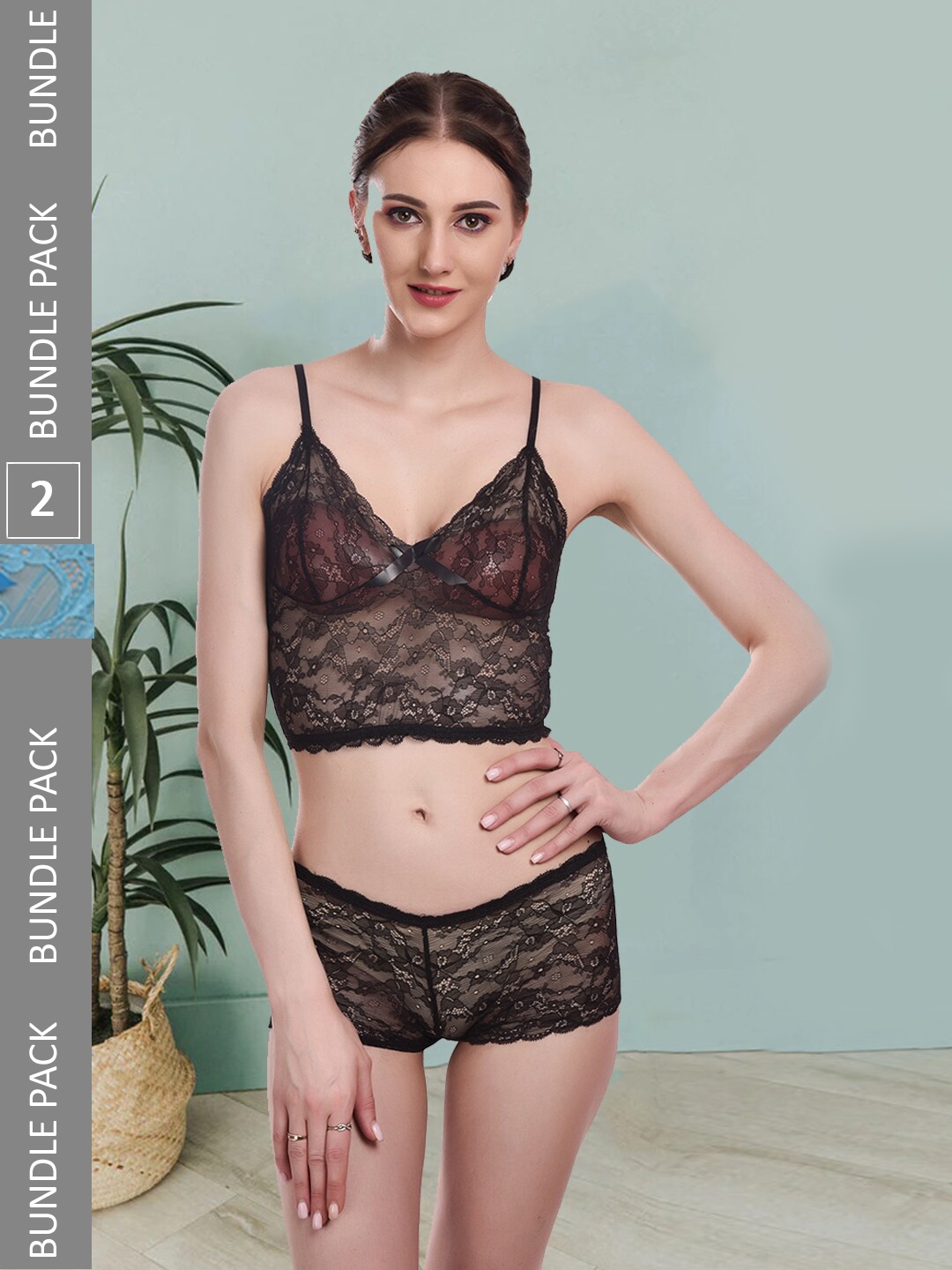 Fleurt Pack Of 2 Self Design Non Padded Lace Lingerie Set Fleurt-Set-170-BK-206-S.BL-S, Black
Fleurt Pack Of 2 Self Design Non Padded Lace Lingerie Set Fleurt-Set-170-BK-206-S.BL-S, Black