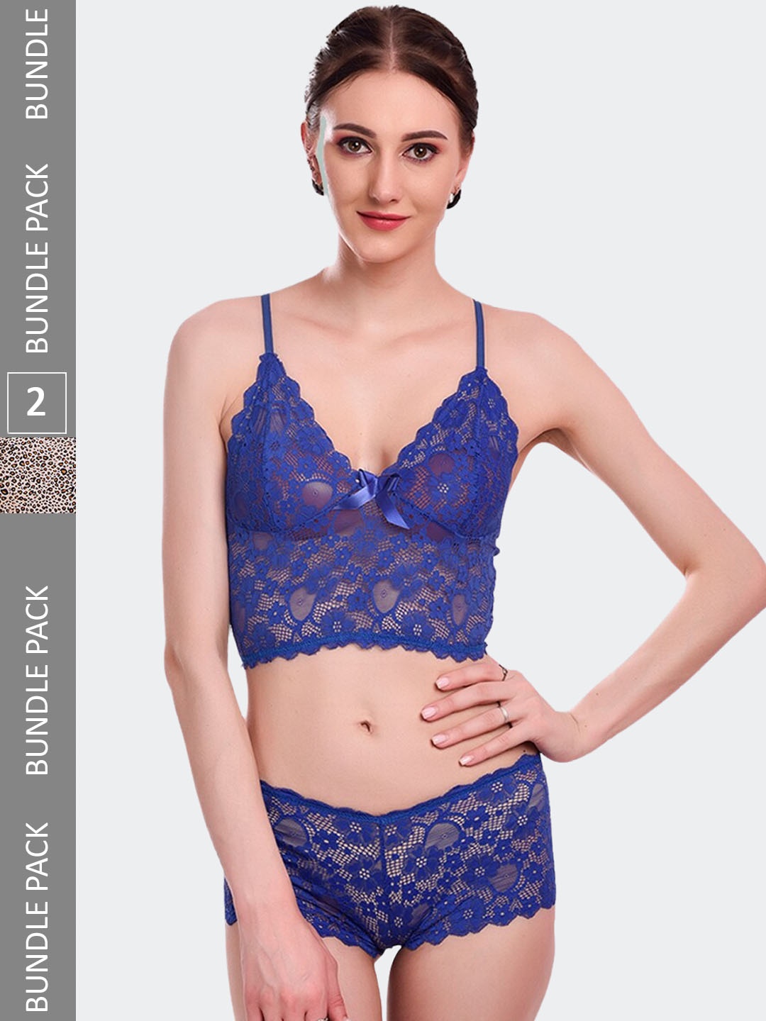 Fleurt Pack Of 2 Self-Design Lace Lingerie Set, Blue