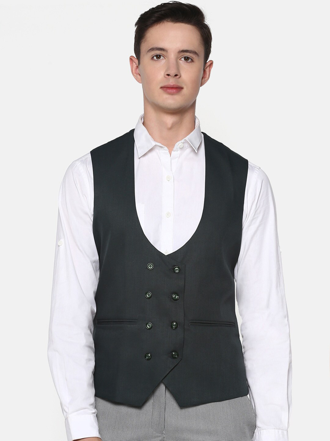 Shaftesbury London Men Slim Fit Double Breasted Waistcoat, Green 
Shaftesbury London Men Slim Fit Double Breasted Waistcoat, Green