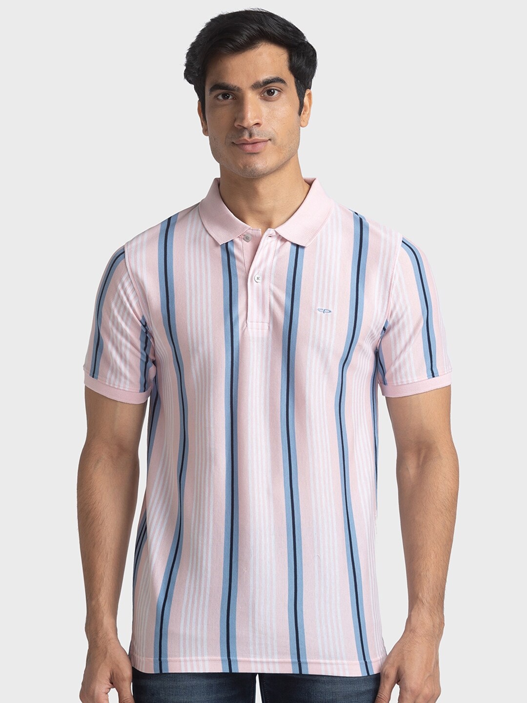 ColorPlus Vertical Striped Polo Collar Pure Cotton Slim Fit T-shirt, Pink