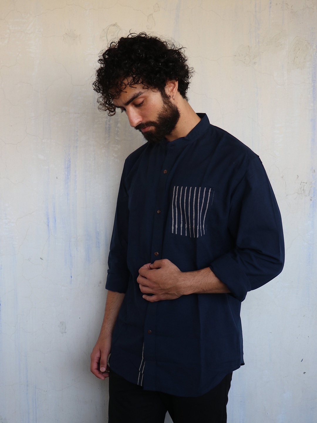 Chidiyaa Pocket Striped Block printed Mandarin Collar Standard Cotton Casual Shirt, Navy blue
Chidiyaa Pocket Striped Block printed Mandarin Collar Standard Cotton Casual Shirt, Navy blue