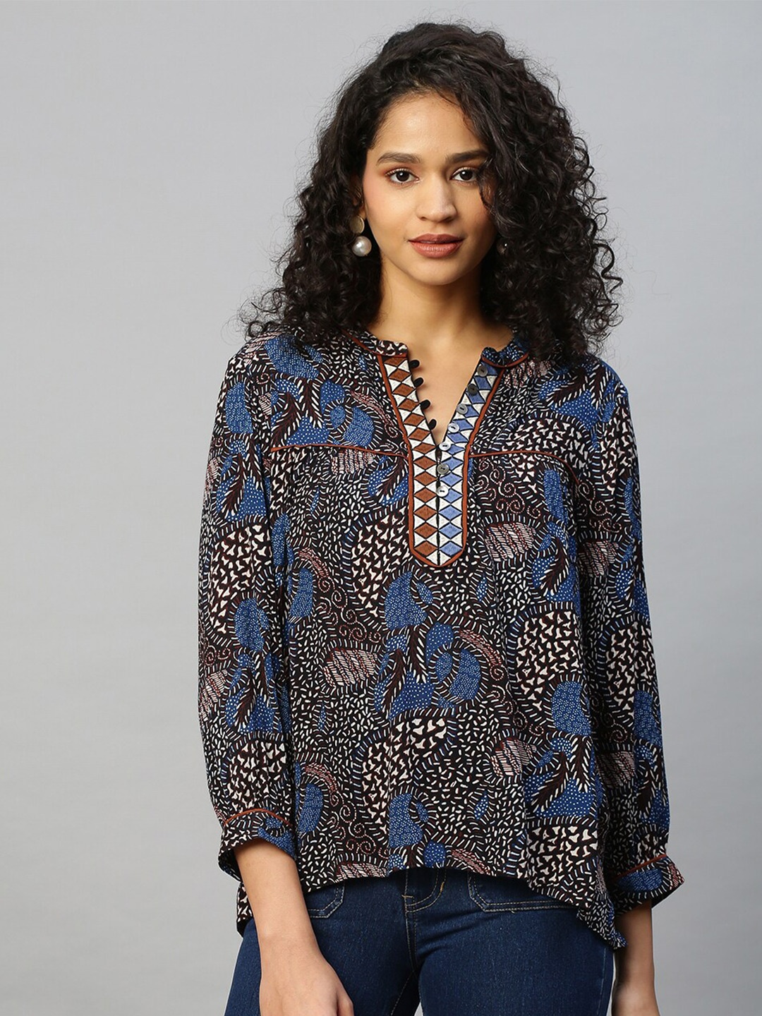 Chemistry Abstract Printed Three-Fourth Sleeves Mandarin Collar Crepe Shirt Style Top, Brown
Chemistry Abstract Printed Three-Fourth Sleeves Mandarin Collar Crepe Shirt Style Top, Brown