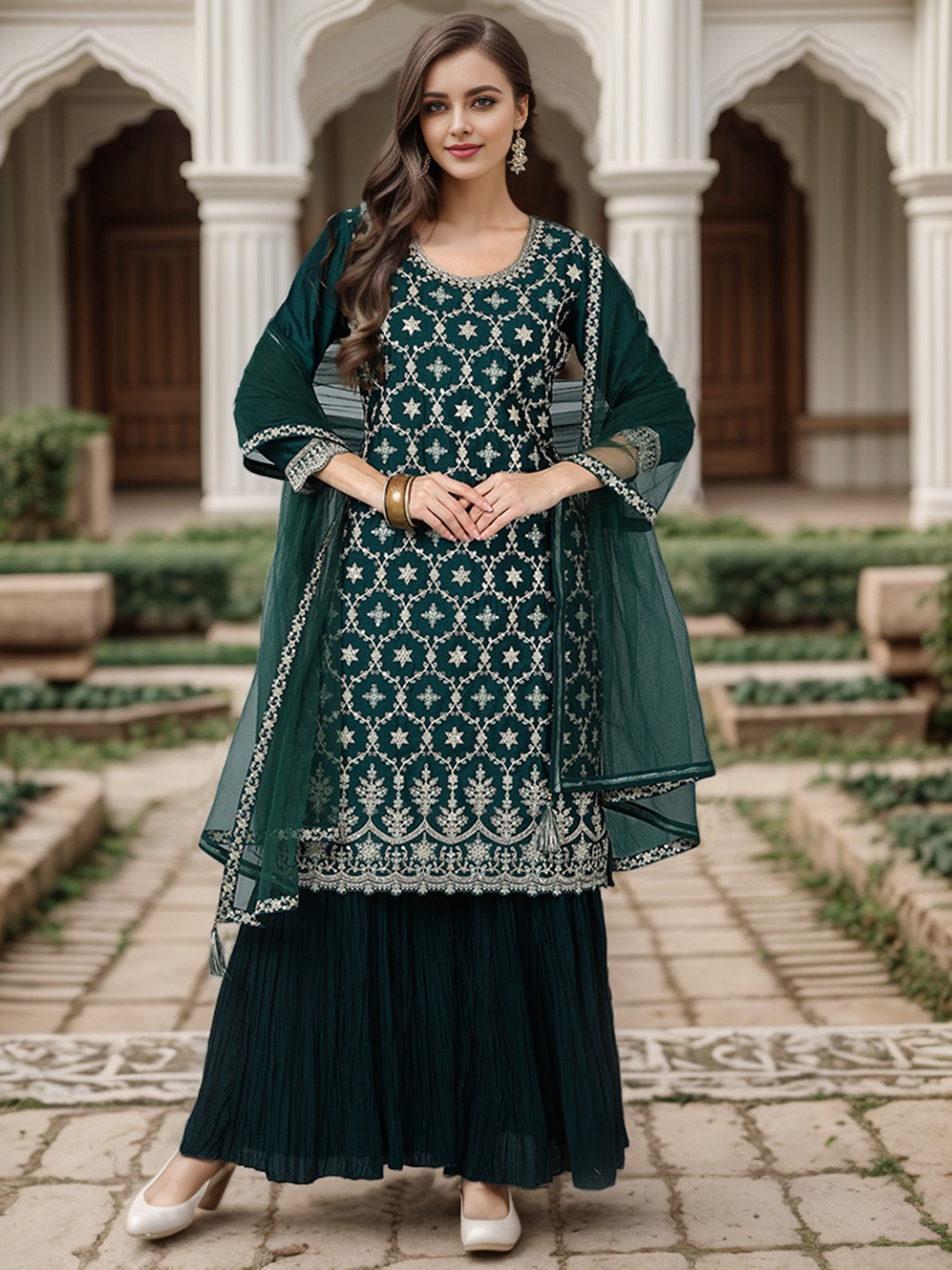 AHIKA Round Neck Floral Embroidered Straight Kurta With Sharara & Dupatta, Green
AHIKA Round Neck Floral Embroidered Straight Kurta With Sharara & Dupatta, Green