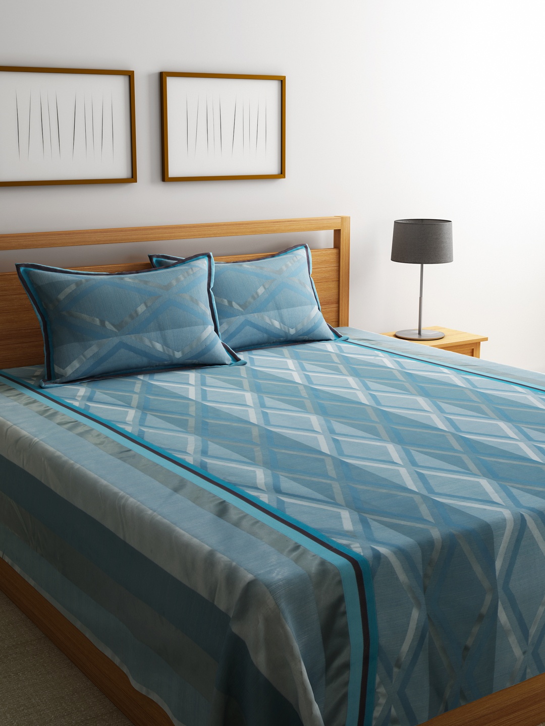 Dreamscape Blue Polycotton Printed Double Bed Cover with 2 Pillow Covers
