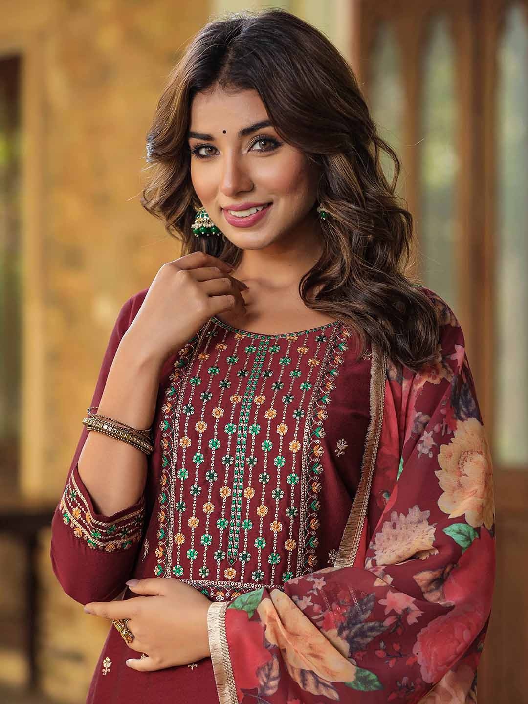 AHIKA Round Neck Floral Embroidered Thread Work Kurta With Trousers & Dupatta, Maroon
AHIKA Round Neck Floral Embroidered Thread Work Kurta With Trousers & Dupatta, Maroon