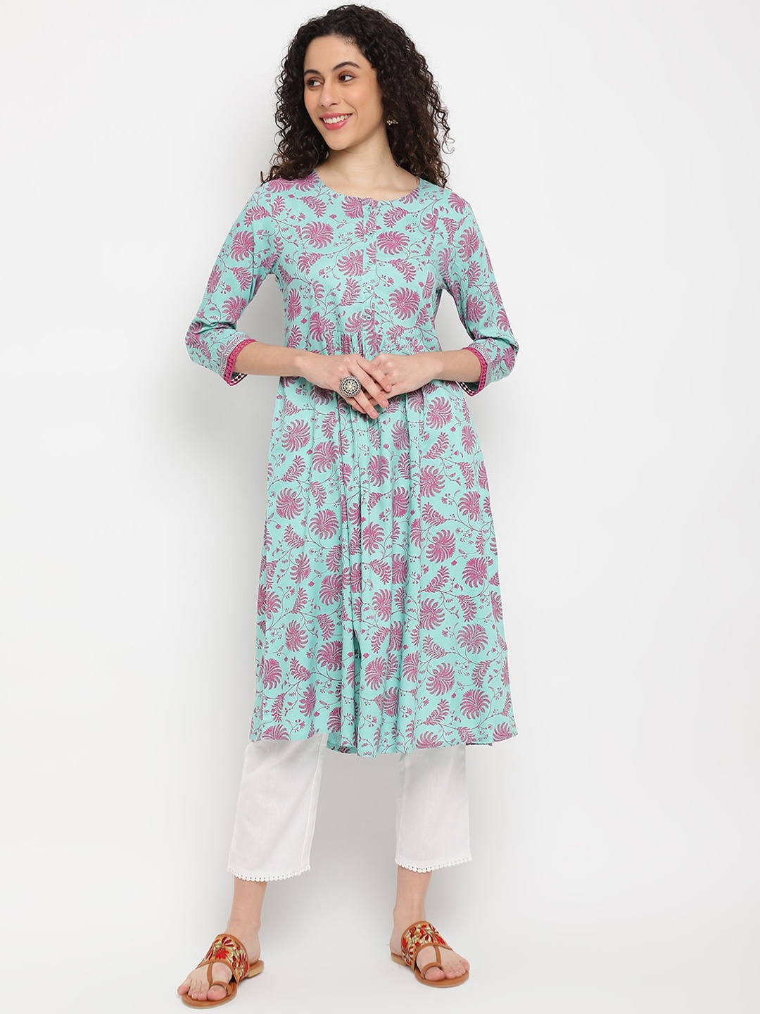 IMARA Floral Printed Pleated A-line Kurta, Turquoise blue