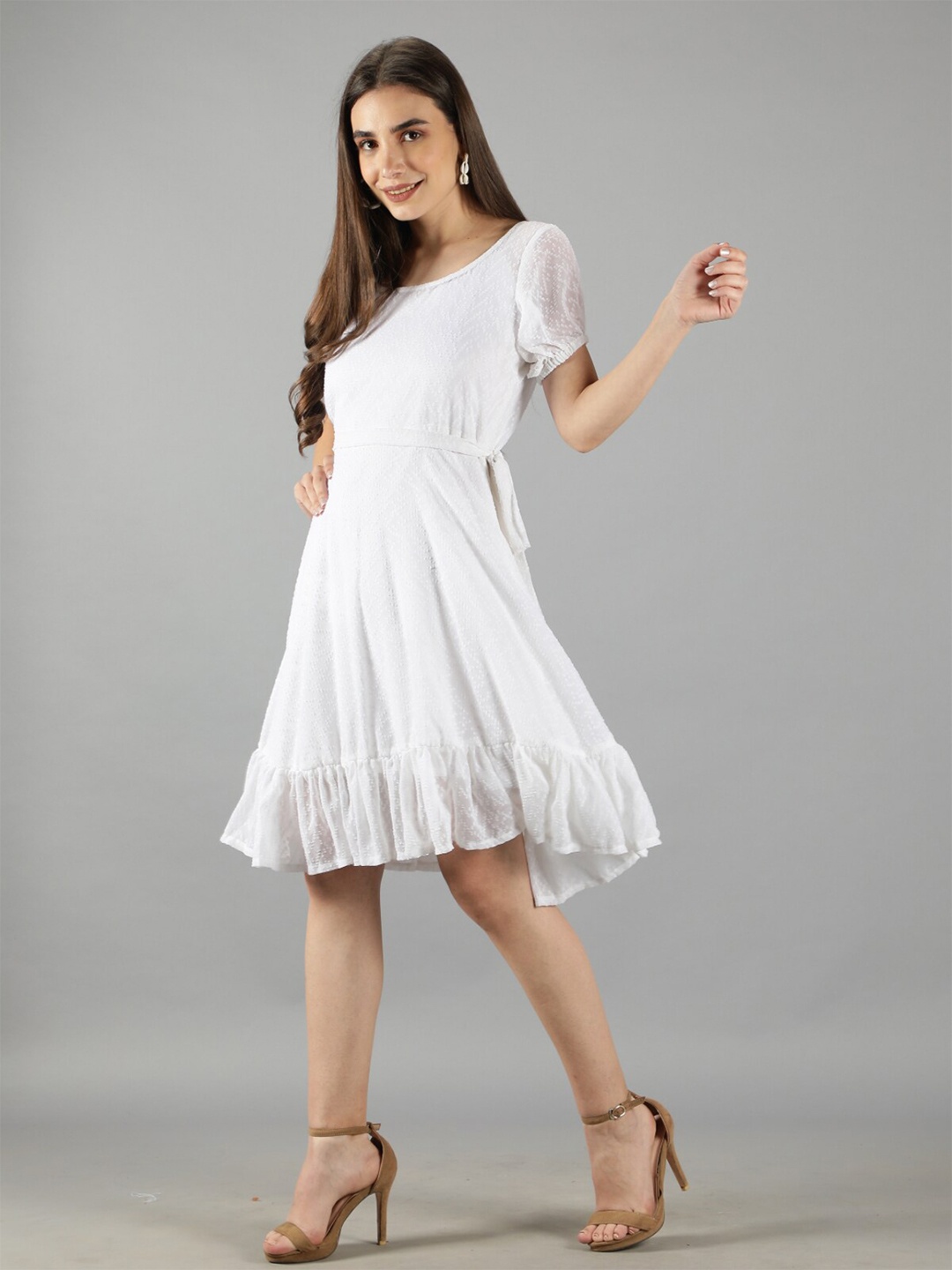 Svelte Couture Round Neck Self Design Ruffled Chiffon Fit & Flare Dress With Belt, White
Svelte Couture Round Neck Self Design Ruffled Chiffon Fit & Flare Dress With Belt, White