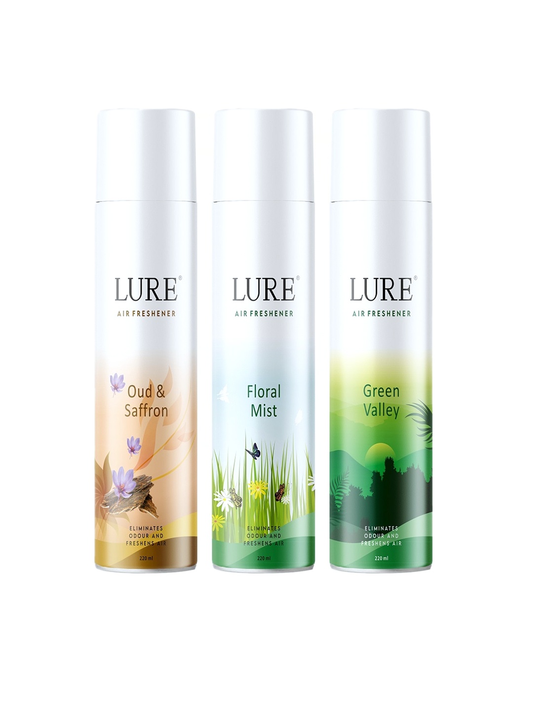 LURE 3 Pieces of Air Freshener - Green Valley,Floral Mist and Oud & Saffron-220ml Each, White
LURE 3 Pieces of Air Freshener - Green Valley,Floral Mist and Oud & Saffron-220ml Each, White