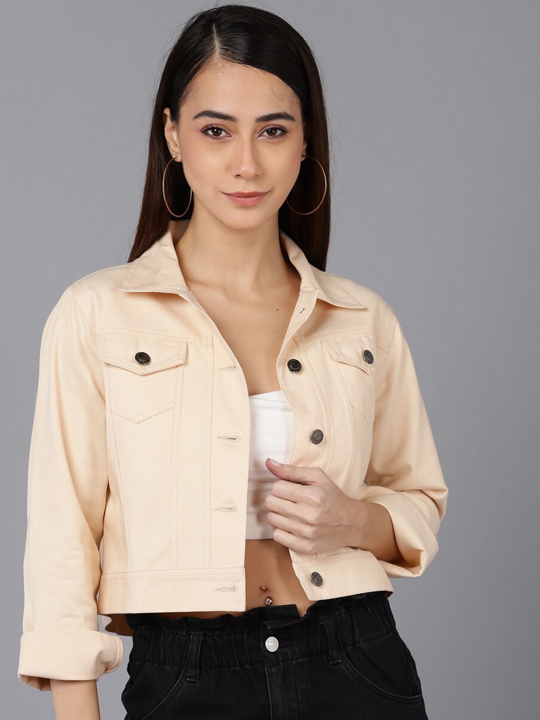 MONTREZ Crop Denim Jacket, Peach