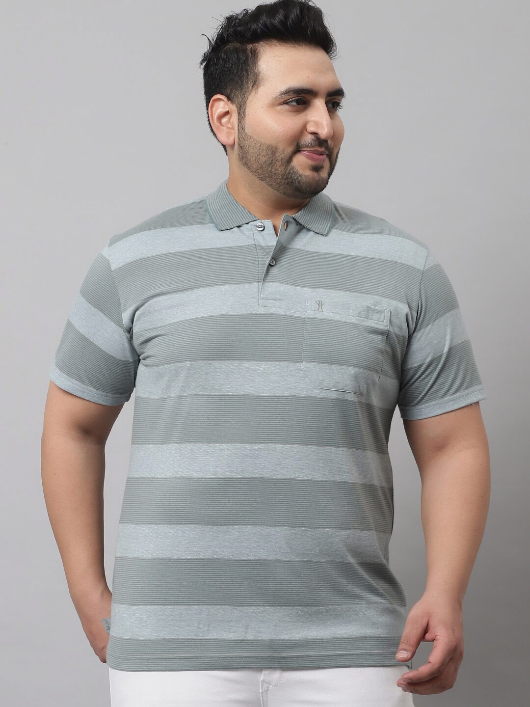 VENITIAN Striped Polo Collar Cotton T-shirt, Grey