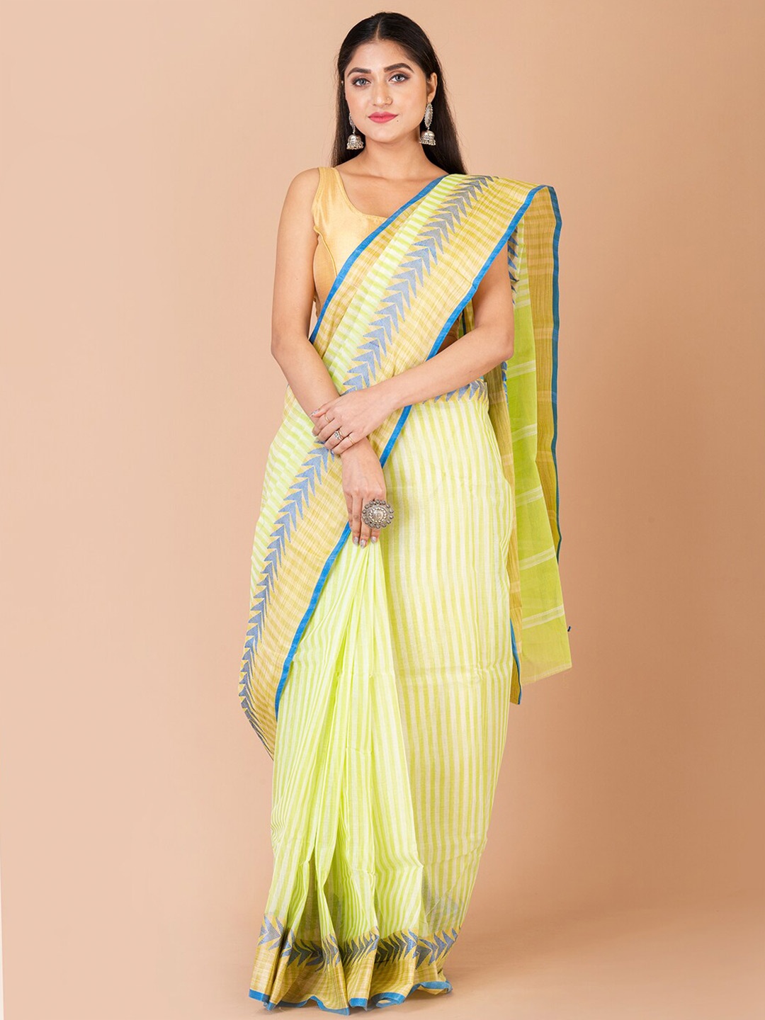 Laa CalcuttaStriped Pure Cotton Taant Saree, Green