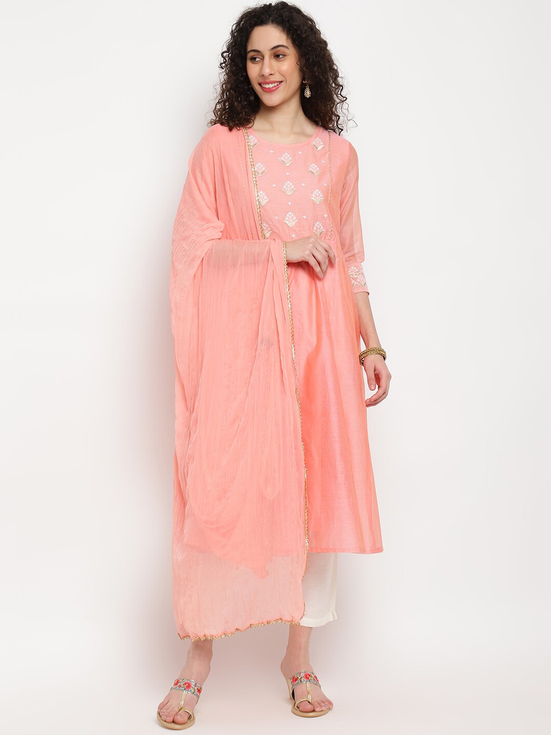 IMARA Floral Embroidered Anarkali Chanderi Cotton Kurta with Trousers & Dupatta, Peach
IMARA Floral Embroidered Anarkali Chanderi Cotton Kurta with Trousers & Dupatta, Peach